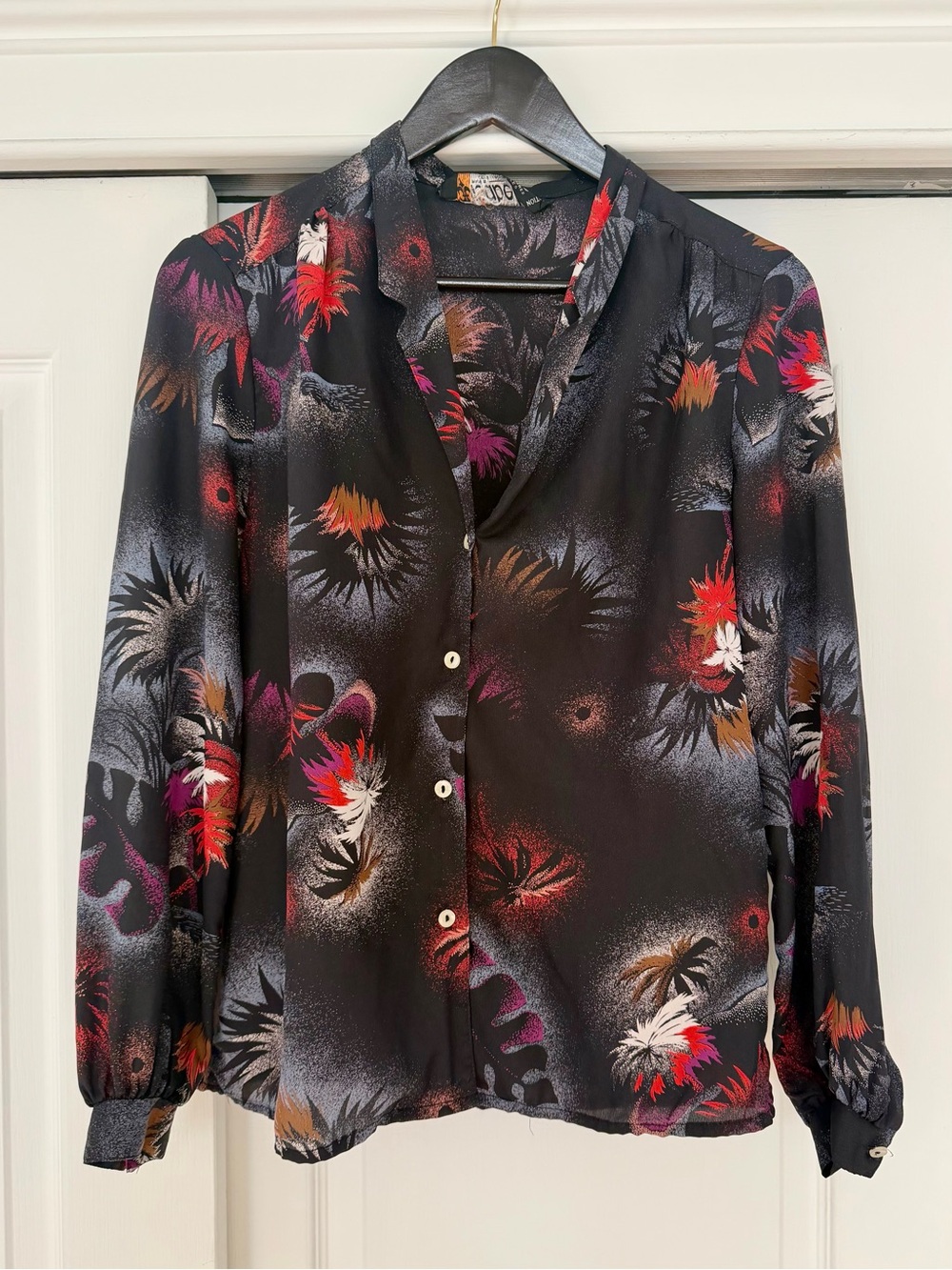 Vintage Women's Sheer Black Floral-Abstract Button-Down Blouse